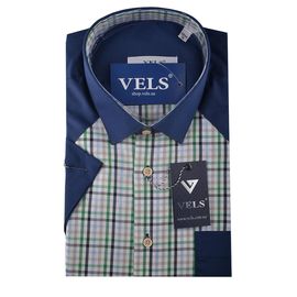 Рубашка мужская приталенная VELS 9033/4 к/р, Размер: M, Цвет: тёмно-синяя с салат.клетка | Интернет-магазин Vels
