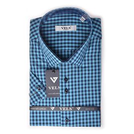 Рубашка мужская приталенная VELS 9356/7 отд. к/р, Размер: M, Цвет: сине-голубая клетка | Интернет-магазин Vels