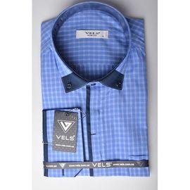 Сорочка VELS 6393/1 з вставкою приталена, Розмір: S, Колір: голубая в клет.с т.син. отд. | Інтернет-магазин Vels