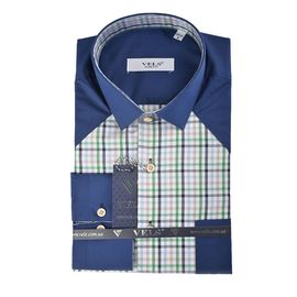 Рубашка мужская приталенная VELS 9033/4, Размер: M, Цвет: тёмно-синяя с салат.клетка | Интернет-магазин Vels
