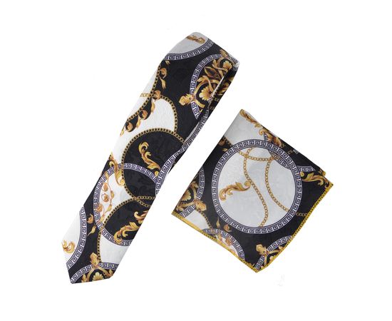 Галстук мужской с платком принт  Quesste 01, Цвет: бело-черный принт, фото 2 | Интернет-магазин Vels