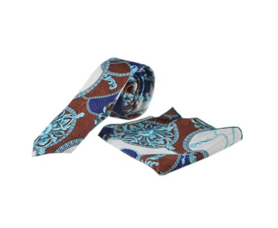 Галстук мужской с платком принт  Quesste 04, Цвет: коричнево-голубой принт | Интернет-магазин Vels