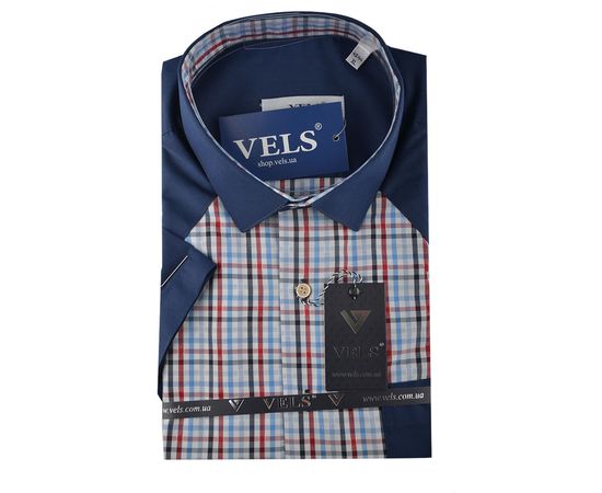 Рубашка мужская приталенная VELS 9033/3 к/р, Размер: M, Цвет: тёмно-синий с бордо клет. | Интернет-магазин Vels