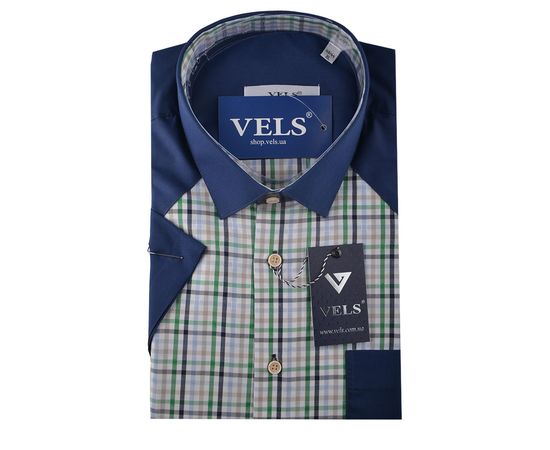 Рубашка мужская приталенная VELS 9033/4 к/р, Размер: M, Цвет: тёмно-синяя с салат.клетка | Интернет-магазин Vels