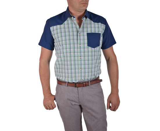 Рубашка мужская приталенная VELS 9033/4 к/р, Размер: M, Цвет: тёмно-синяя с салат.клетка, фото 2 | Интернет-магазин Vels