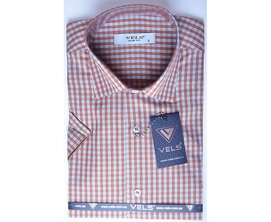 Рубашка мужская приталенная VELS 3406/4 к/р, Размер: S, Цвет: белая  рыжая клетка | Интернет-магазин Vels