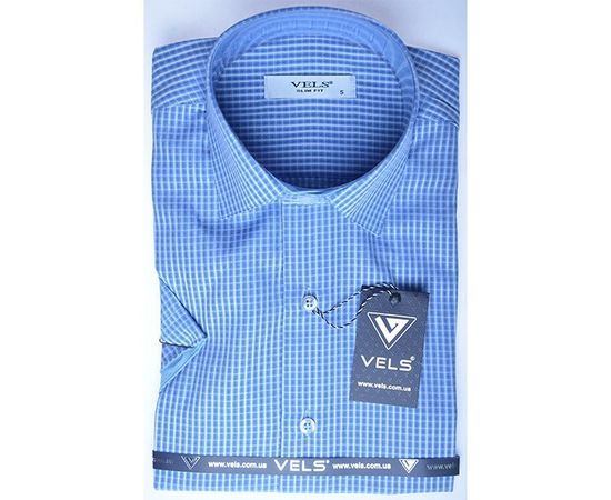 Рубашка мужская приталенная VELS 5168-1 к/р, Размер: S, Цвет: голубая в клетку | Интернет-магазин Vels