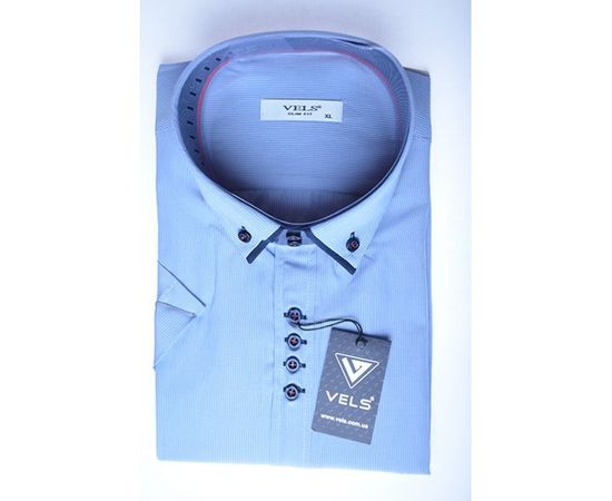 Рубашка мужская приталенная VELS 6333/1-2 дв.в. к/р, Размер: S, Цвет: голубая в мелк.клетку | Интернет-магазин Vels
