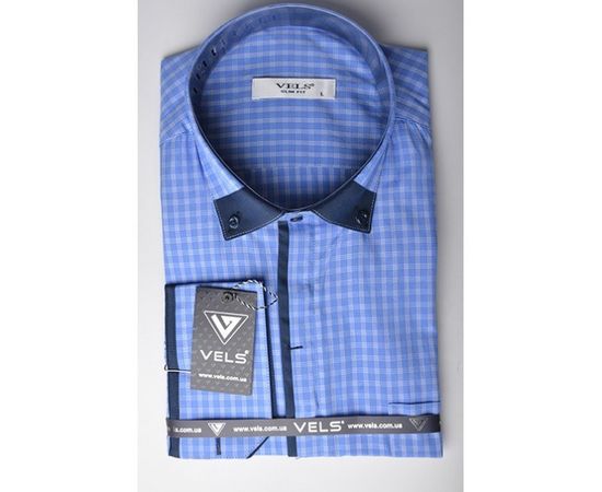 Сорочка VELS 6393/1 з вставкою приталена, Розмір: M, Колір: голубая в клет.с т.син. отд. | Інтернет-магазин Vels