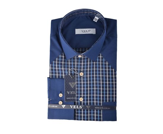 Рубашка мужская приталенная VELS 9038/1, Размер: L, Цвет: тёмно-синяя с син.клет | Интернет-магазин Vels