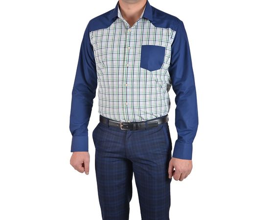 Рубашка мужская приталенная VELS 9033/4, Размер: M, Цвет: тёмно-синяя с салат.клетка, фото 2 | Интернет-магазин Vels