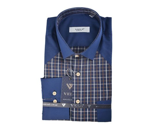 Рубашка мужская приталенная VELS 9038/3, Размер: M, Цвет: тёмно-синий с корич.клет | Интернет-магазин Vels