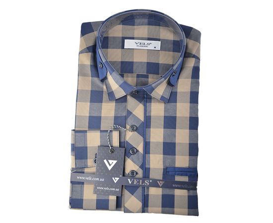 Рубашка мужская классическая VELS 200/6, Размер: M, Цвет: бежево-тёмн.синяя клетка | Интернет-магазин Vels